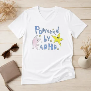 Hot Powered By ADHD Cat And Star Illustration Doodle V-Neck Shirt