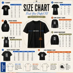 Size chart for Nice Gort Klaatu Barada Nikto Geek with measurements in inches and cm to help choose the right fit