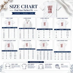 Size chart for Good Nice Lust For Life Distressed Iggy Pop Music with measurements in inches and cm to help choose the right fit