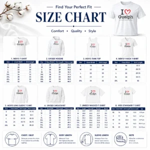 Size chart for Happy Hot I Love Guelph Even With Construction with measurements in inches and cm to help choose the right fit