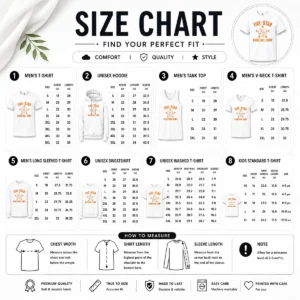 Size chart for Pretty Five Star Basketball Camp 60th Anniversary with measurements in inches and cm to help choose the right fit