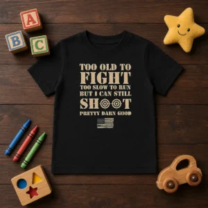 Original Too Old To Fight Too Slow To Run But I Can Still Shoot Pretty Darn Good Kids T-Shirt