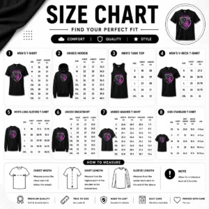 Size chart for Hot Premium 25 Years And Counting Hope Love Breast Cancer with measurements in inches and cm to help choose the right fit