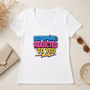 Pretty Official Dopamine Addicted To You Pixel Love V Neck Shirt in white with pixel art text design
