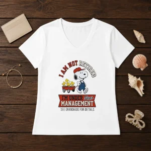 Good Snoopy I Am Not Retired I'M Under New Management See Grandkids For Details V-Neck Shirt