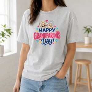 Pretty Happy Grandparents Day Cute Couple Hearts Typography Washed T-Shirt