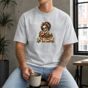 Top Vintage Funny Halloween Skeleton Girl Coffee Washed T-Shirt