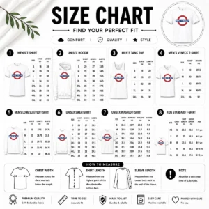 Size chart for Nice Mind The Gap London Underground Sign Tube with measurements in inches and cm to help choose the right fit