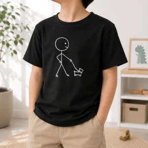 Pretty Stick Figure Walking A Dog Minimalist Line Art Kids T-Shirt