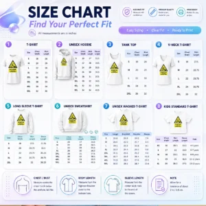 Size chart for Official Danger Acid Can Burn Your Penis Warning Sign with measurements in inches and cm to help choose the right fit