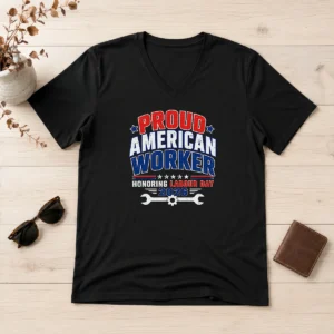 Happy Hot Labour Day Proud American Worker Typography V-Neck Shirt