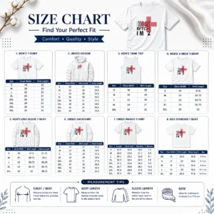 Size chart for Funny Top I Don'T Care Btch I'M 2 Attitude with measurements in inches and cm to help choose the right fit
