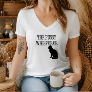 Top The Pussy Whisperer With Black Cat Silhouette V-Neck Shirt
