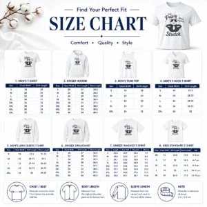 Size chart for Official Premium My Pussy Loves A Good Stretch Cat with measurements in inches and cm to help choose the right fit