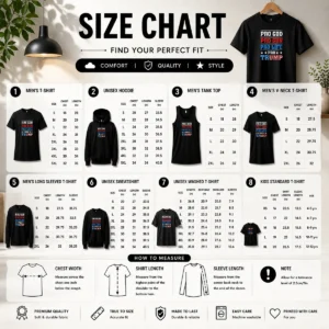 Size chart for Pretty Pro God Pro Gun Pro Life Pro Trump Conservative with measurements in inches and cm to help choose the right fit