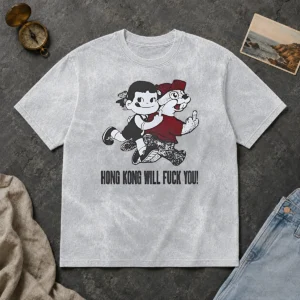 Pretty Top Hong Kong Will Fuck You Cartoon Middle Finger Washed T-Shirt