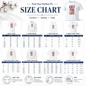Size chart for Nice Top Lust For Life Distressed Iggy Pop Music with measurements in inches and cm to help choose the right fit