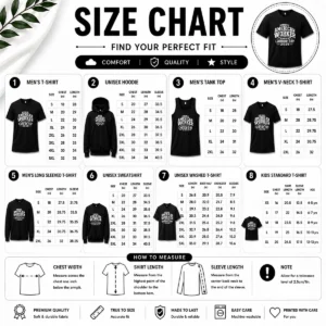 Size chart for Hot Official Labour Day Proud American Worker Silhouette (2) with measurements in inches and cm to help choose the right fit