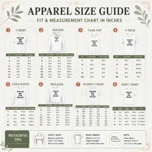 Size chart for Happy Premium Touch Me Im Dead Slogan Funny Goth Humor with measurements in inches and cm to help choose the right fit