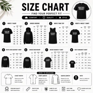 Size chart for Hot Dua Lipa 2026 Sunny Hill Festival Day 3 with measurements in inches and cm to help choose the right fit