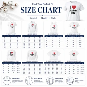 Size chart for Hot Nice I Love Electric Lady Jimi Hendrix Rock Music with measurements in inches and cm to help choose the right fit