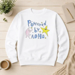 Hot Powered By ADHD Cat And Star Illustration Doodle Sweater