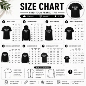 Size chart for Nice Awesome Jennie Blackpink Electric Kiss with measurements in inches and cm to help choose the right fit