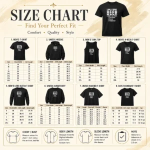 Size chart for Good Nice Pretty I Only Drink Beer 3 Days A Week Yesterday Today Tomorrow with measurements in inches and cm to help choose the right fit