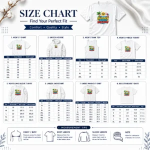 Size chart for Hot Good Pixel Art Summer Bank Holiday Beach Retro Game with measurements in inches and cm to help choose the right fit