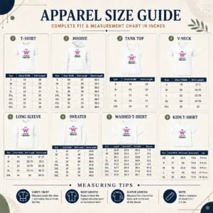Size chart for Perfect Premium The W Stands For Women with measurements in inches and cm to help choose the right fit