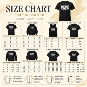 Size chart for Good Not Him 2028 Rules Are Rules Political with measurements in inches and cm to help choose the right fit