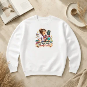 Hot Good Humorous Watercolor First Day Of School Teacher For Woman Sweater featuring colorful watercolor text on a cozy women's sweater