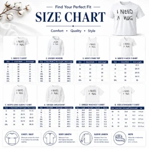 Size chart for Awesome Good I Need A Hug Affection Comfort Mental Health with measurements in inches and cm to help choose the right fit