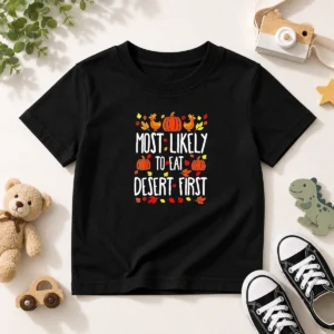 Awesome Most Likely To Eat Dessert First Thanksgiving Kids T-Shirt