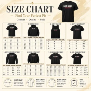 Size chart for Awesome Shit Show Supervisor Geek with measurements in inches and cm to help choose the right fit