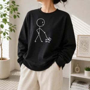 Pretty Stick Figure Walking A Dog Minimalist Line Art Sweater