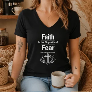 Funny Faith Is The Opposite Of Fear Now Read That Backwards V-Neck Shirt