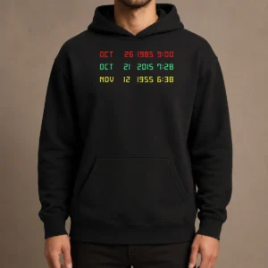 Official Time Machine Three Dates Geek Hoodie in black with front pocket and adjustable hood