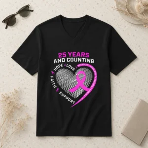 Happy Original 25 Years And Counting Hope Love Breast Cancer V-Neck Shirt