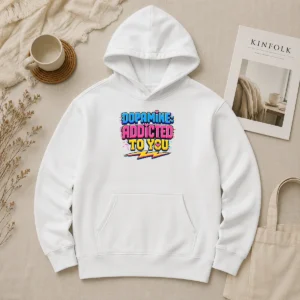 Pretty Official Dopamine Addicted To You Pixel Love Hoodie in black with front pixel art design and cozy fit