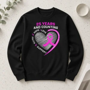 Happy Original 25 Years And Counting Hope Love Breast Cancer Long Sleeve Shirt