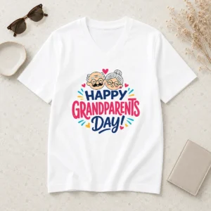Nice Original Happy Grandparents Day Cute Couple Hearts Typography V-Neck Shirt