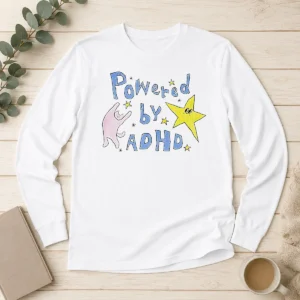 Hot Powered By ADHD Cat And Star Illustration Doodle Long Sleeve Shirt