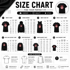 Size chart for Nice Funny Bad Religion Cross Logo Music with measurements in inches and cm to help choose the right fit
