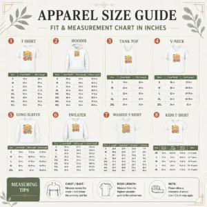 Size chart for Happy Pretty Retro 70s Summer Bank Holiday Flower Power with measurements in inches and cm to help choose the right fit