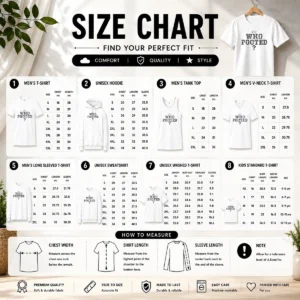 Size chart for Good WHO Pooted Fart Joke Silly with measurements in inches and cm to help choose the right fit