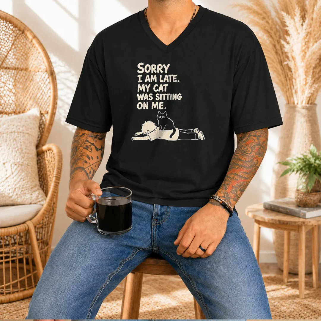 awesome-cat-lover-apparel-sorry-i-am-late-my-cat-was-sitting-on-me-v-neck-shirt Awesome Cat Lover Apparel Sorry I Am Late My Cat Was Sitting On Me V-Neck Shirt