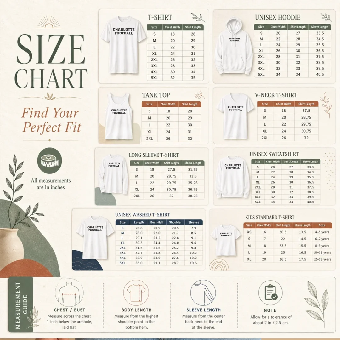 awesome-charlotte-football-ncaa-size-chart Size chart for Awesome Charlotte Football NCAA with measurements in inches and cm to help choose the right fit