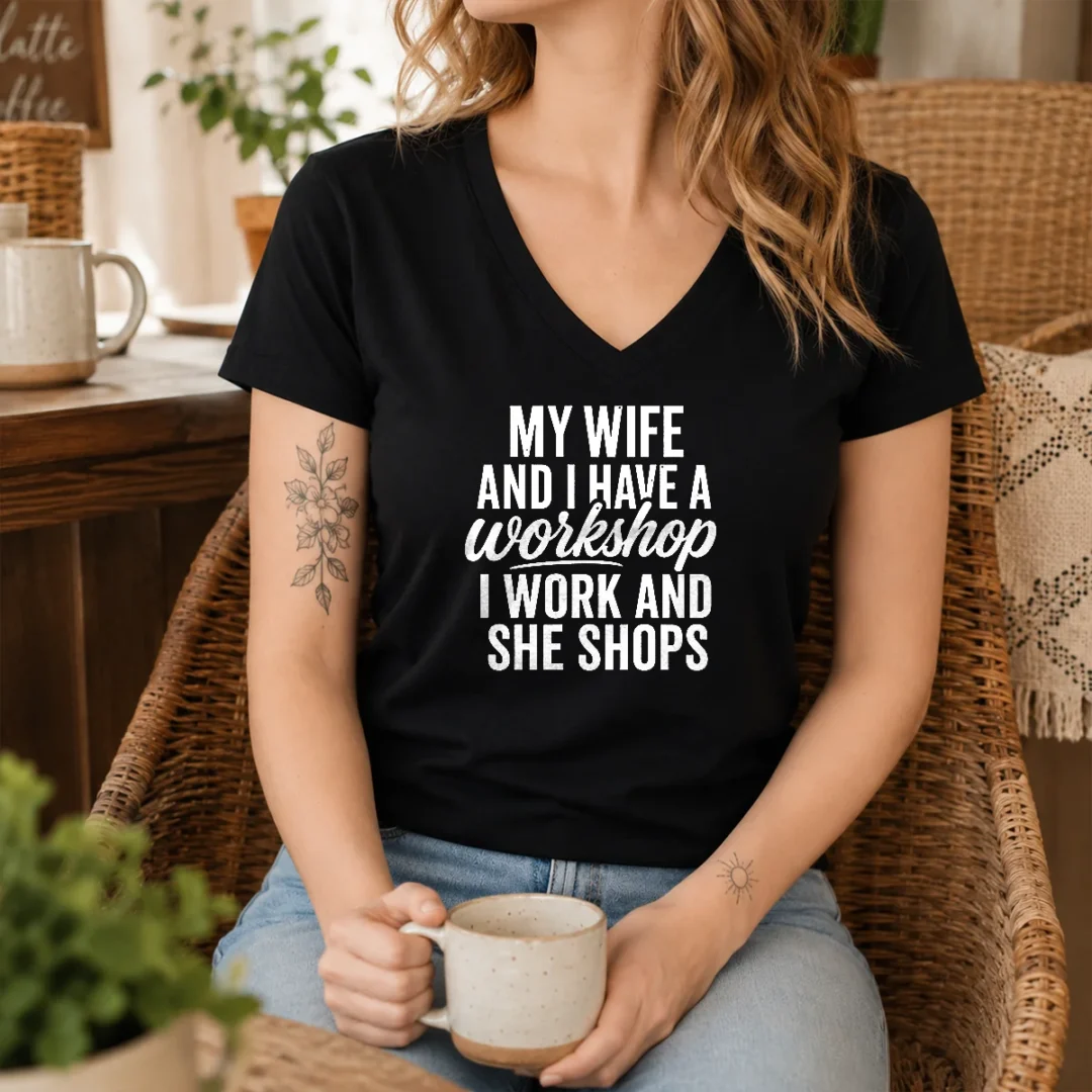 awesome-couple-workshop-my-wife-shops-i-work-v-neck-shirt Awesome Couple Workshop My Wife Shops I Work V-Neck Shirt