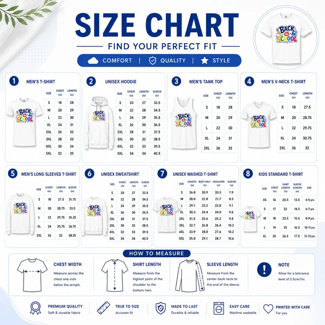 awesome-distressed-grunge-back-to-school-red-blue-size-chart Size chart for Awesome Distressed Grunge Back To School Red Blue with measurements in inches and cm to help choose the right fit